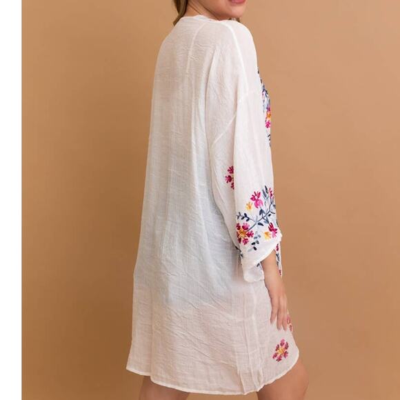 Lightweight Boho Festival Floral Embroidered Anemone Kimono White - Picture 2 of 4